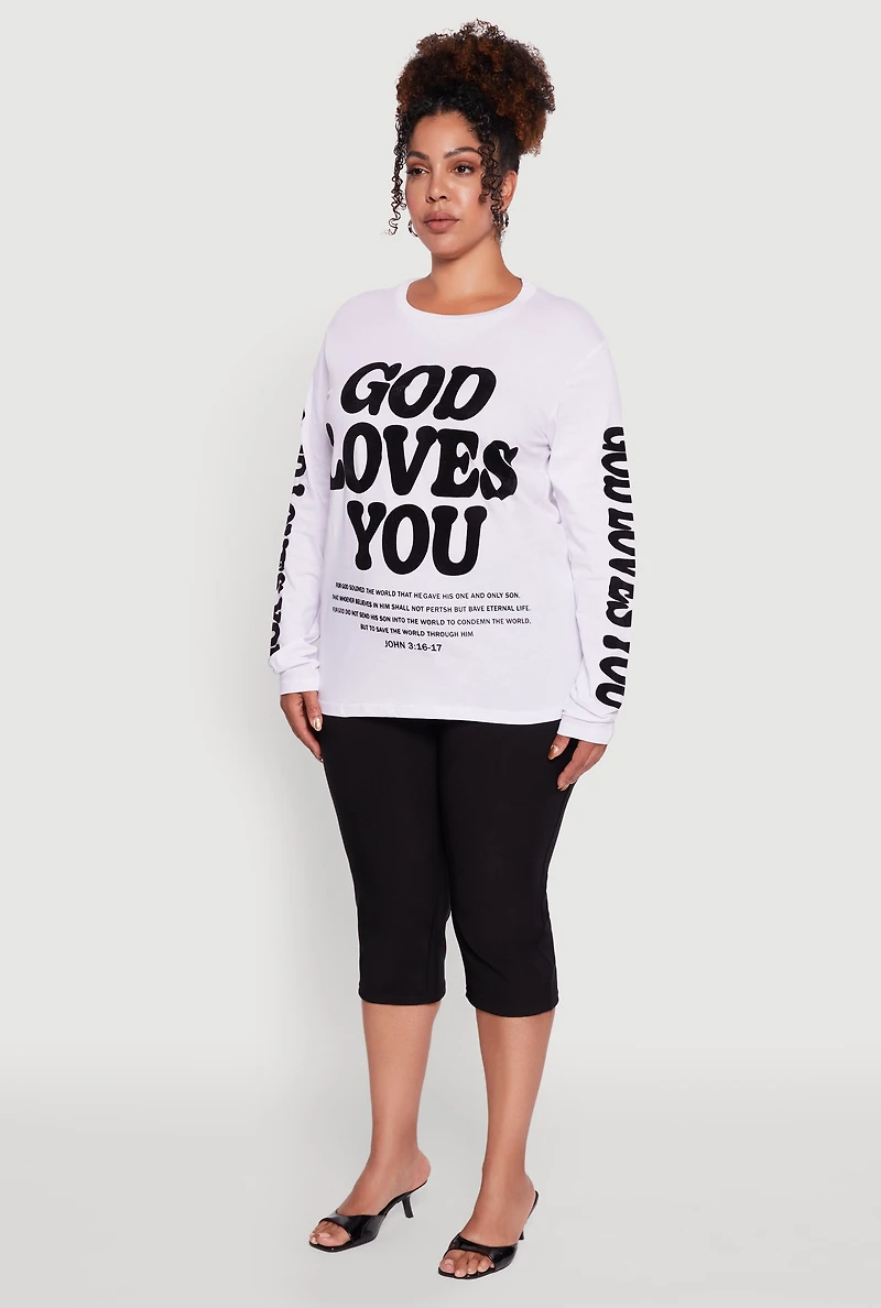 Womens Plus Size Velvet Burnout God Loves You Long Sleeve Tee, White, Size 3X
