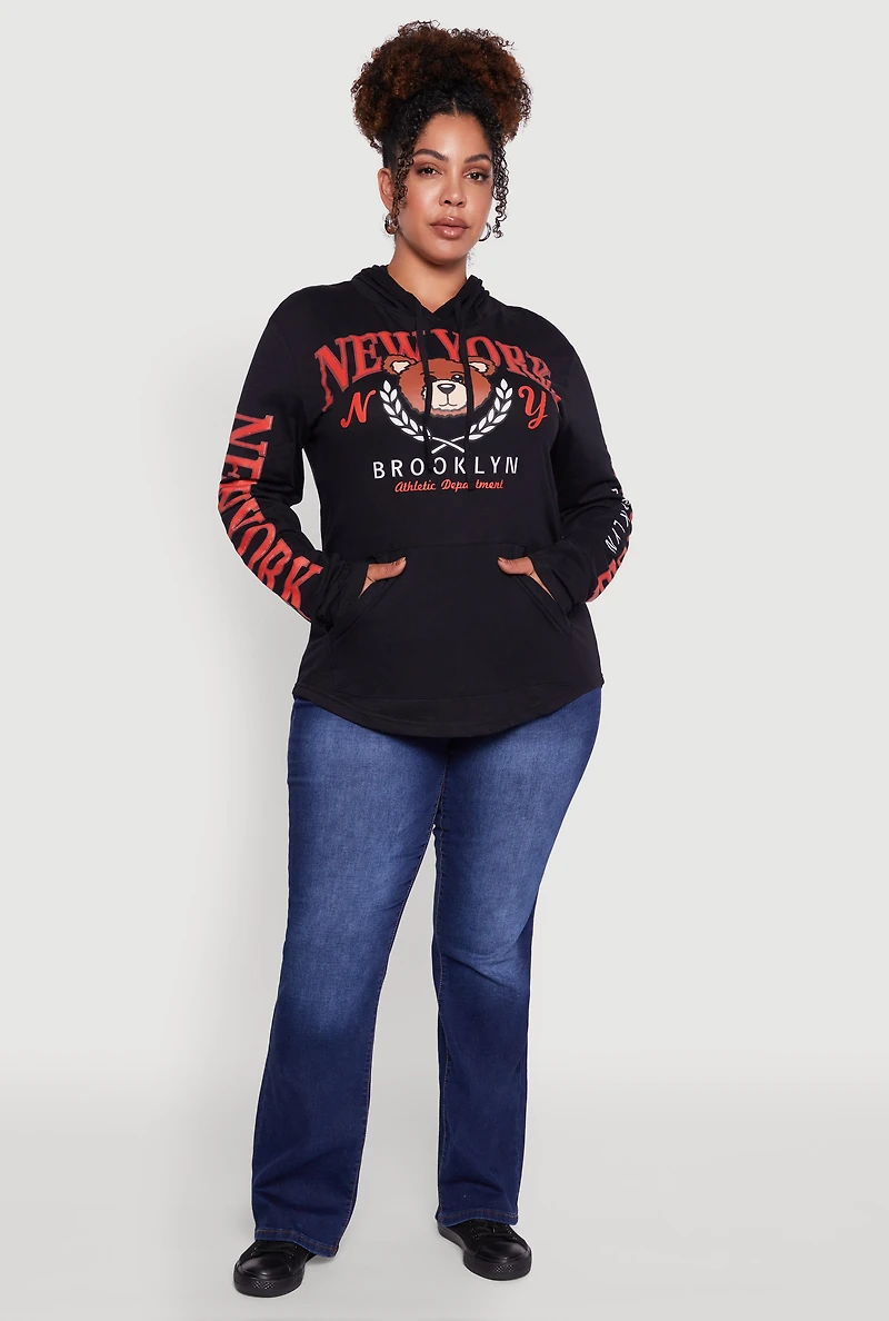 Womens Plus New York Teddy Graphic Pullover Hoodie, Black,