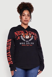 Womens Plus New York Teddy Graphic Pullover Hoodie, Black,