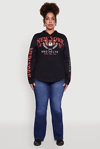 Womens Plus New York Teddy Graphic Pullover Hoodie, Black,
