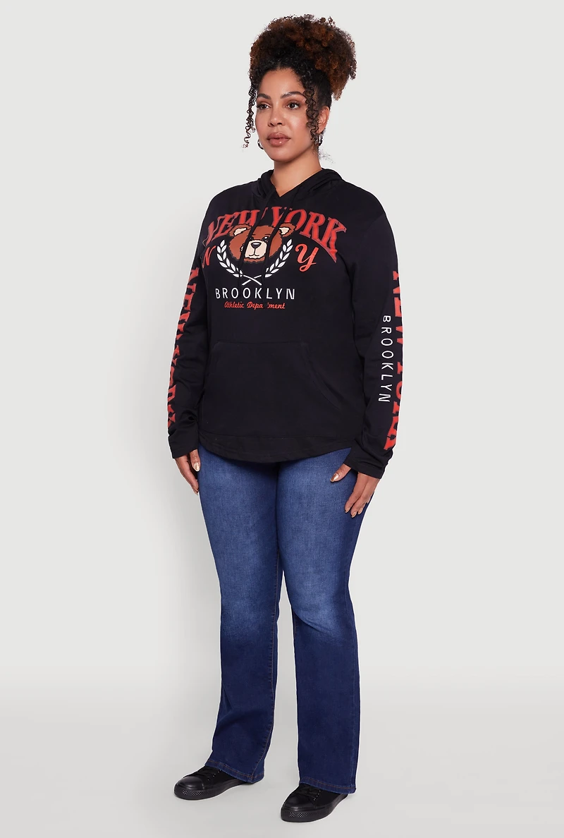 Womens Plus New York Teddy Graphic Pullover Hoodie, Black,