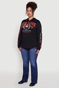 Womens Plus Size New York Teddy Graphic Pullover Hoodie, Black, Size 1X