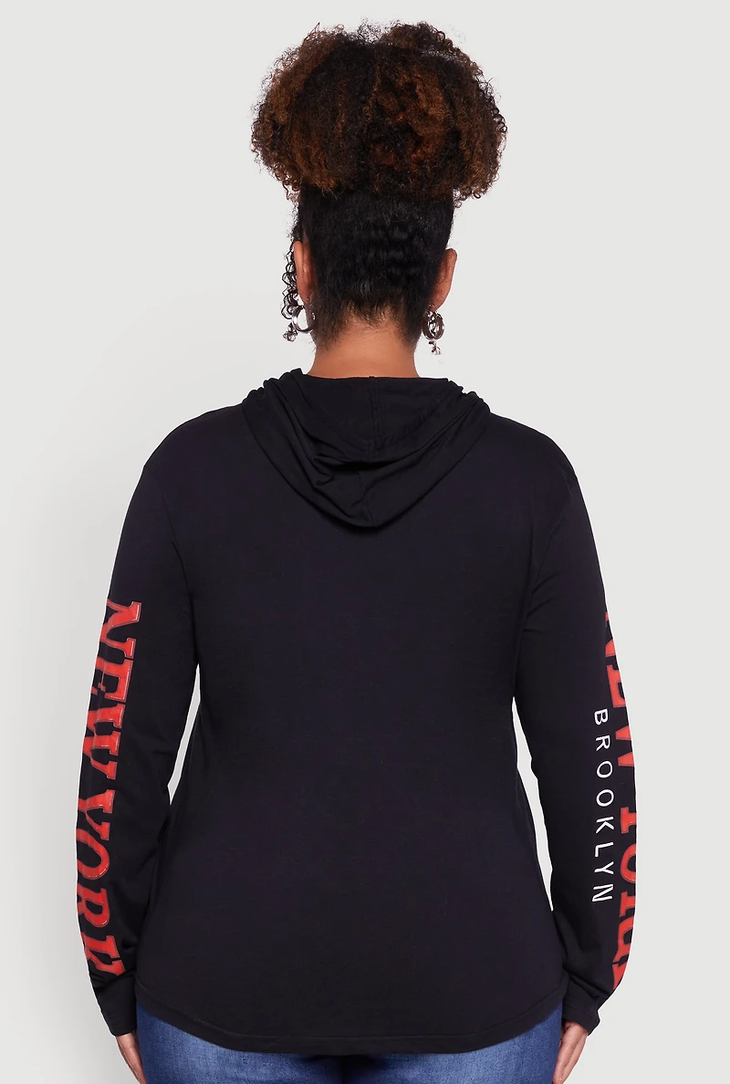 Womens Plus New York Teddy Graphic Pullover Hoodie, Black,