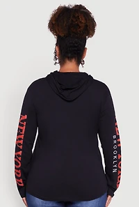 Womens Plus New York Teddy Graphic Pullover Hoodie, Black,