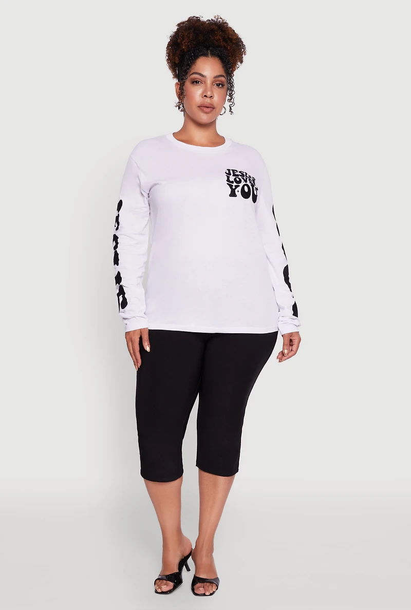Womens Plus Size Velvet Burnout Jesus Loves You Long Sleeve Tee, White, Size 1X
