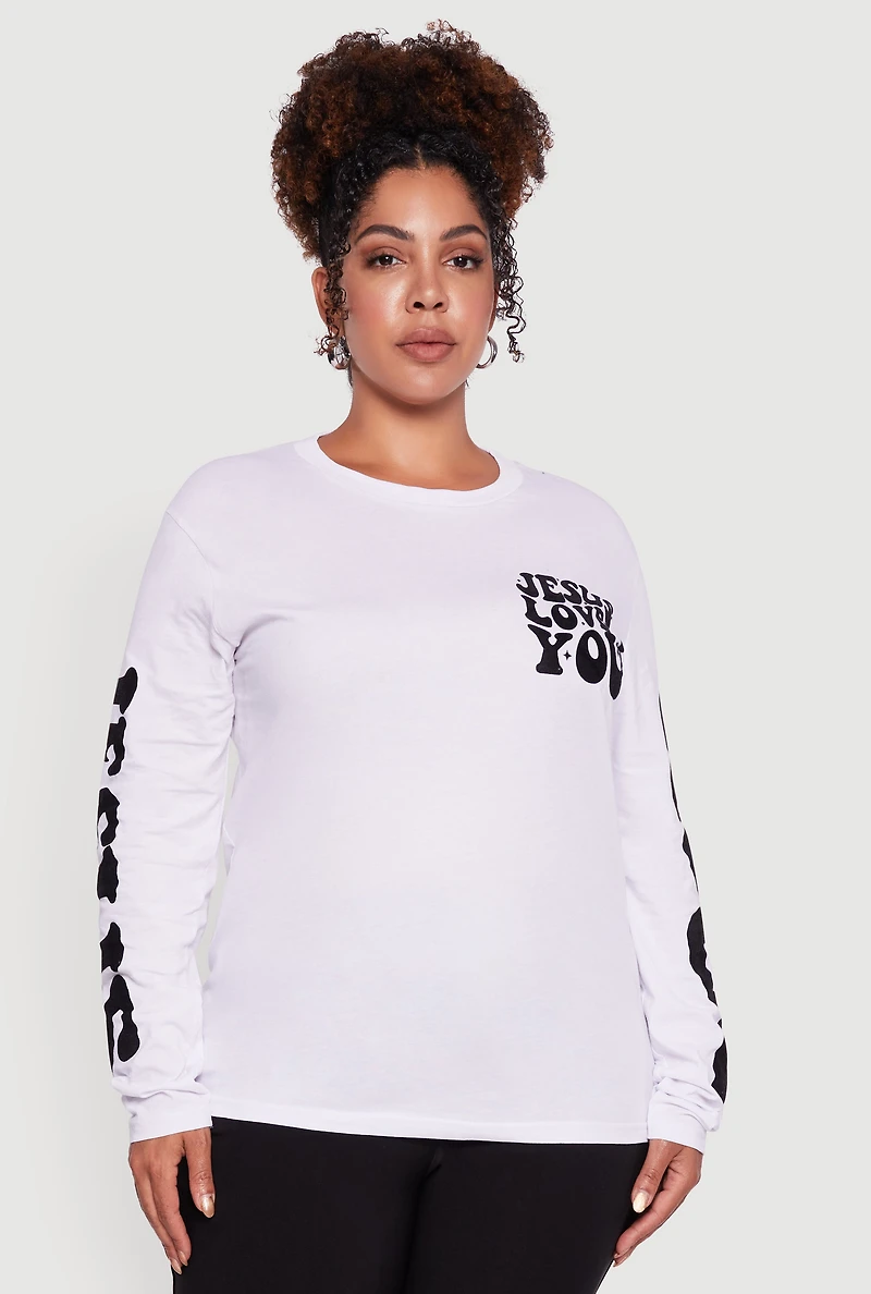 Womens Plus Size Velvet Burnout Jesus Loves You Long Sleeve Tee, White, Size 1X
