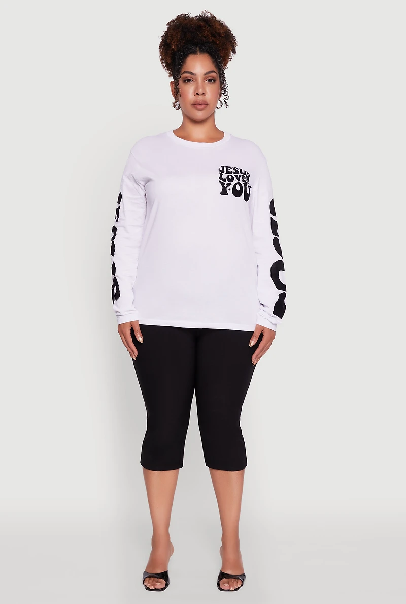 Womens Plus Size Velvet Burnout Jesus Loves You Long Sleeve Tee, White, Size 3X