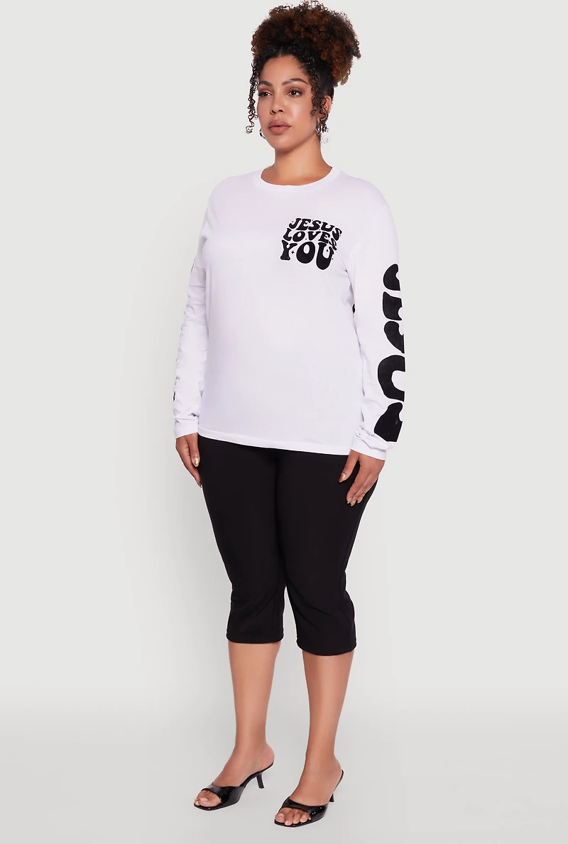 Womens Plus Size Velvet Burnout Jesus Loves You Long Sleeve Tee, White, Size 1X