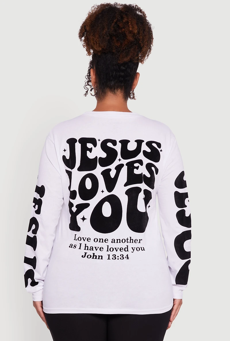 Womens Plus Size Velvet Burnout Jesus Loves You Long Sleeve Tee, White, Size 1X