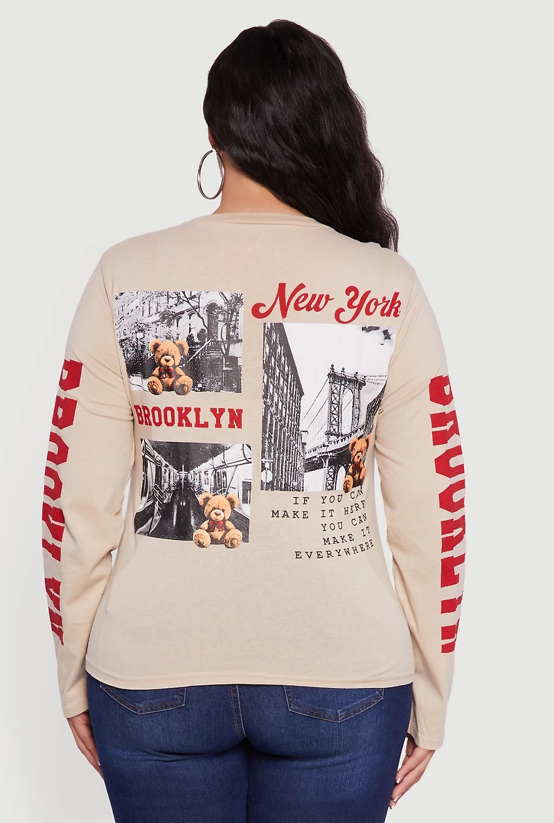 Womens Plus Size Long Sleeve Crew Neck Brooklyn Graphic Tee, Beige, Size 1X