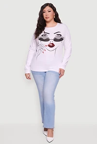 Womens Plus Size Long Sleeve Crew Neck Face Graphic Tee, White, Size 1X