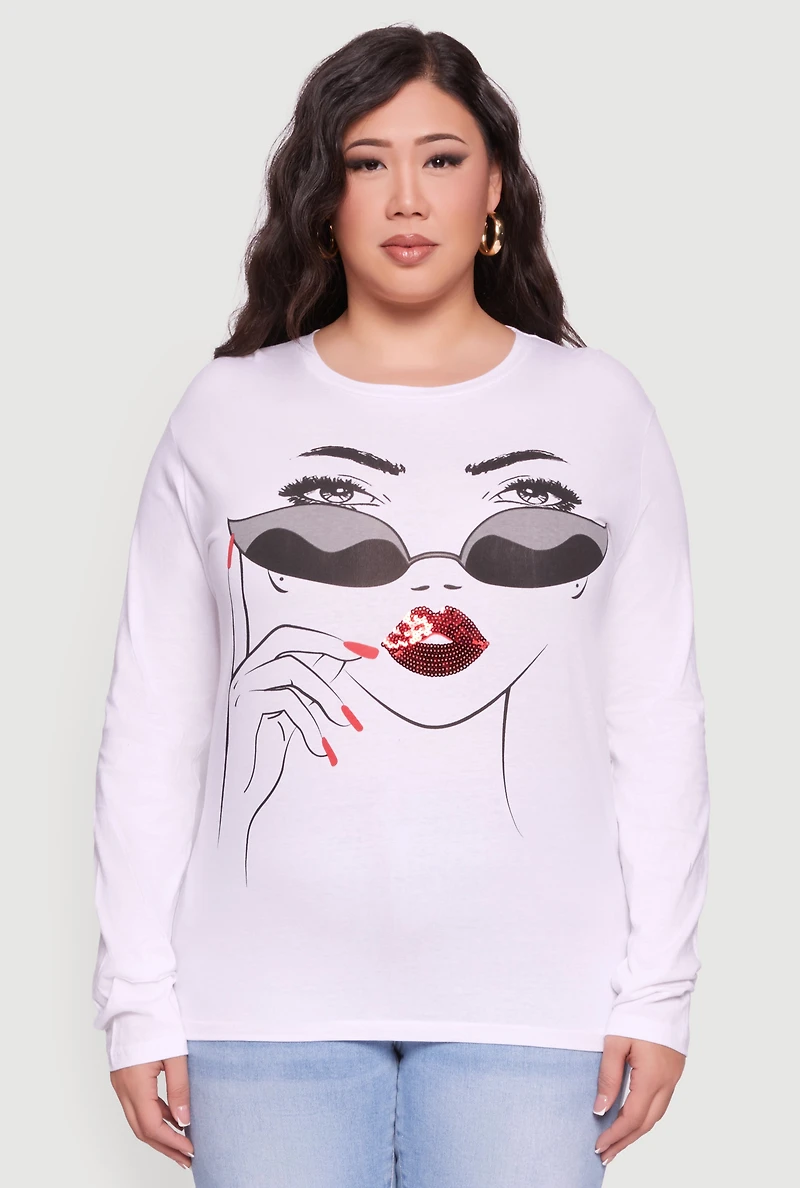 Womens Plus Size Long Sleeve Crew Neck Face Graphic Tee, White, Size 1X