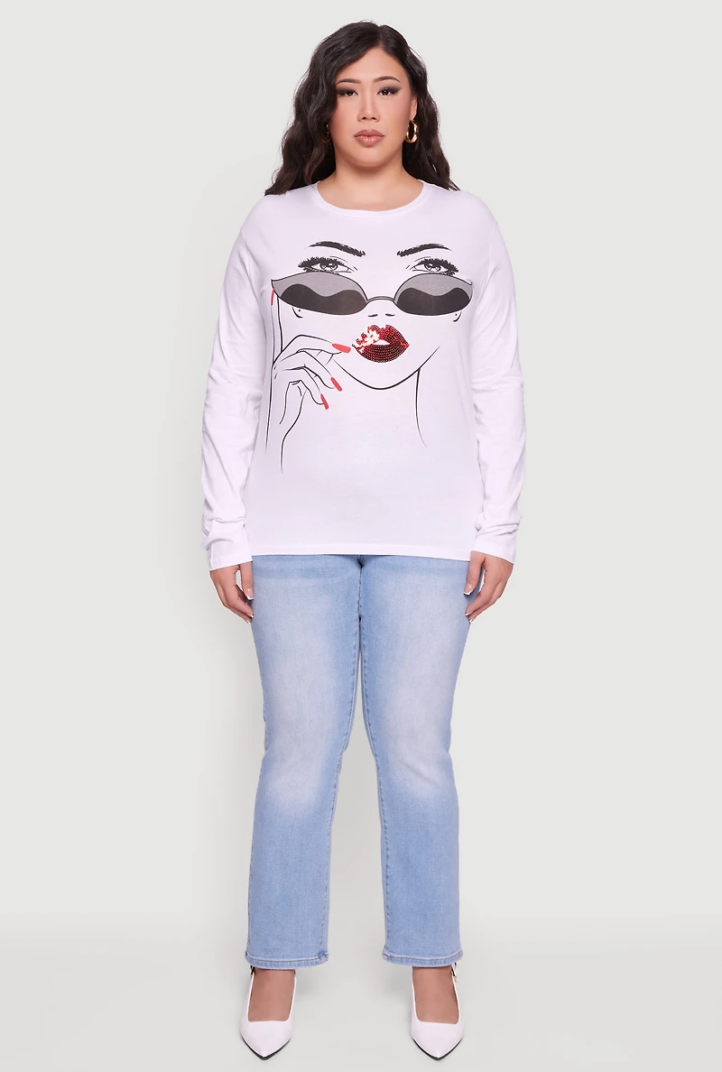 Womens Plus Size Long Sleeve Crew Neck Face Graphic Tee, White, Size 1X