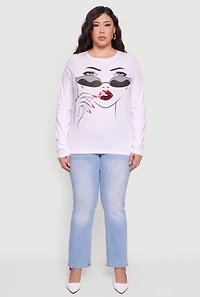 Womens Plus Size Long Sleeve Crew Neck Face Graphic Tee, White, Size 1X