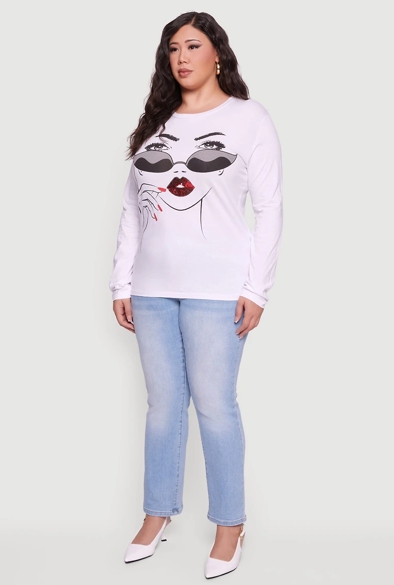 Womens Plus Size Long Sleeve Crew Neck Face Graphic Tee, White, Size 1X