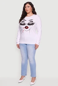 Womens Plus Size Long Sleeve Crew Neck Face Graphic Tee, White, Size 1X