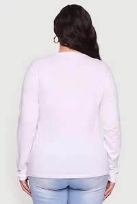 Womens Plus Size Long Sleeve Crew Neck Face Graphic Tee, White, Size 1X