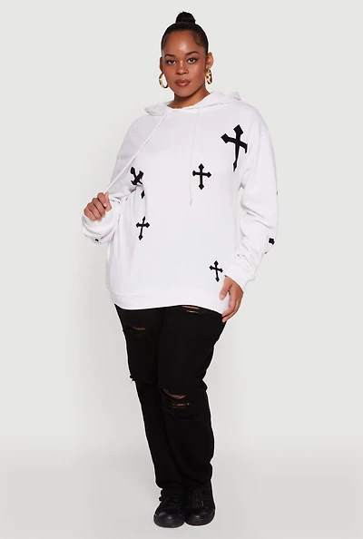 Womens Plus Cross Graphic Print Fleece Pullover Hoodie, White,