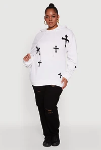 Womens Plus Cross Graphic Print Fleece Pullover Hoodie, White,