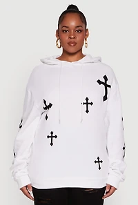 Womens Plus Cross Graphic Print Fleece Pullover Hoodie, White,