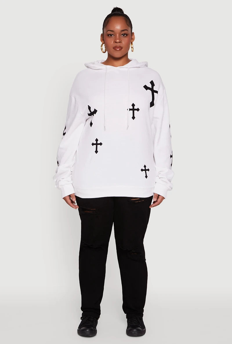 Womens Plus Cross Graphic Print Fleece Pullover Hoodie, White,