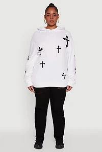 Womens Plus Size Cross Graphic Print Fleece Pullover Hoodie, White, Size 1X