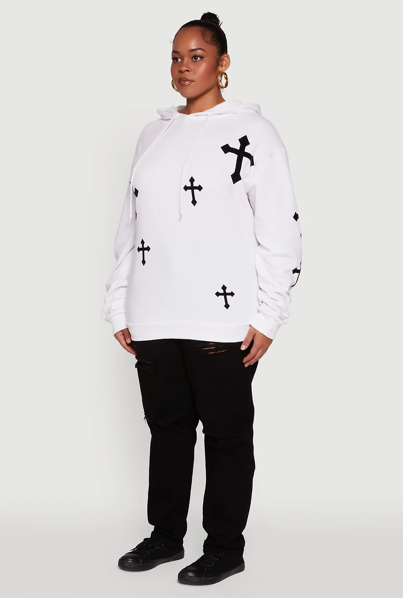 Womens Plus Cross Graphic Print Fleece Pullover Hoodie, White,