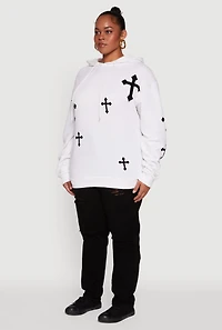 Womens Plus Cross Graphic Print Fleece Pullover Hoodie, White,