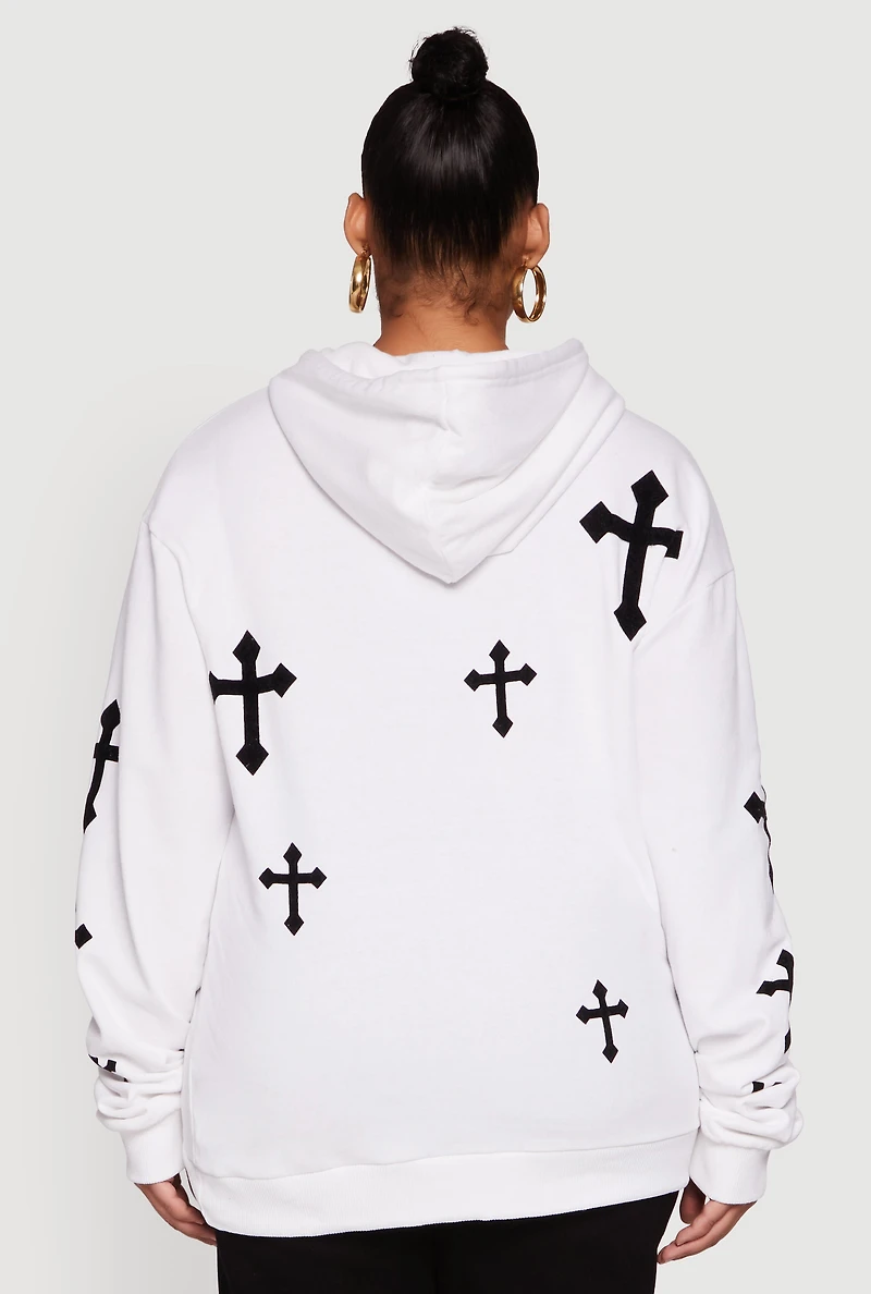 Womens Plus Cross Graphic Print Fleece Pullover Hoodie, White,