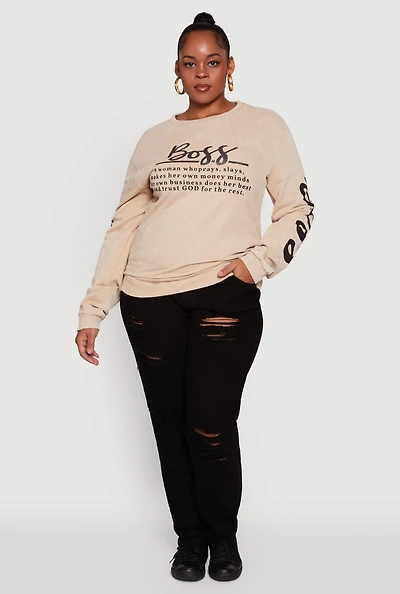 Womens Plus Size Glitter Boss Graphic Pullover Sweatshirt, Beige, Size 1X