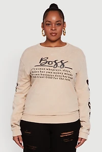 Womens Plus Size Glitter Boss Graphic Pullover Sweatshirt, Beige, Size 1X