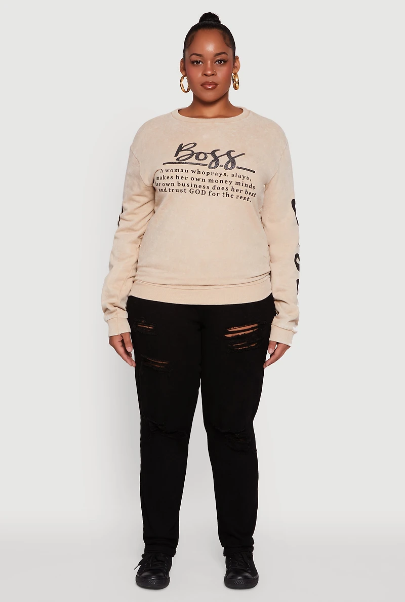 Womens Plus Size Glitter Boss Graphic Pullover Sweatshirt, Beige, Size 1X