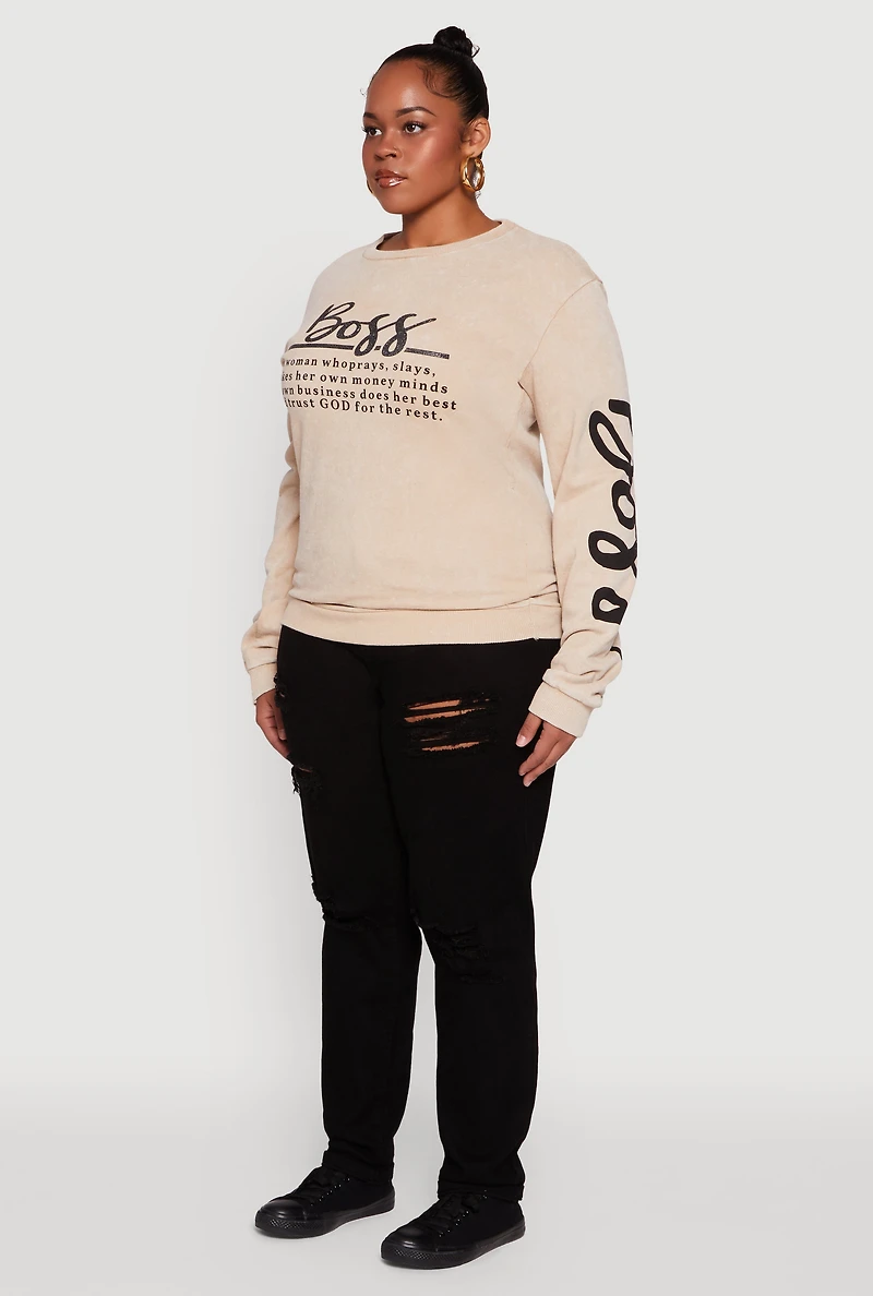 Plus Glitter Boss Graphic Pullover Sweatshirt