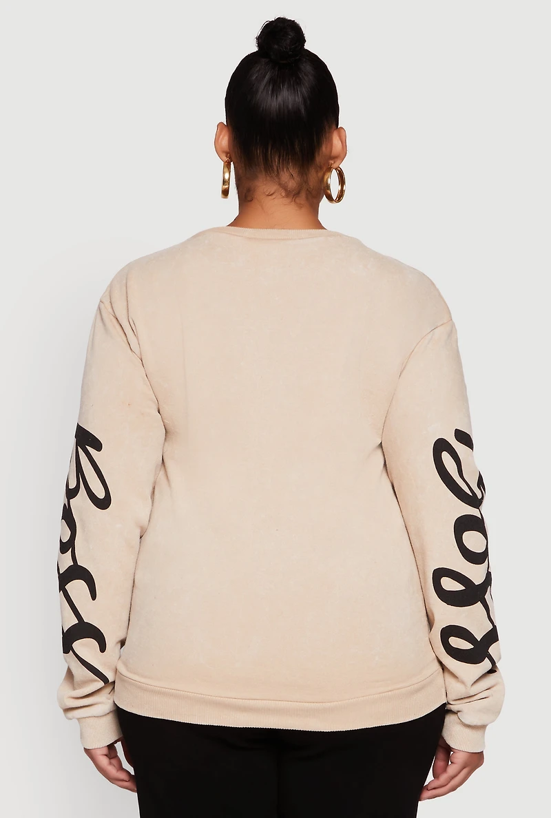 Womens Plus Size Glitter Boss Graphic Pullover Sweatshirt, Beige, Size 1X