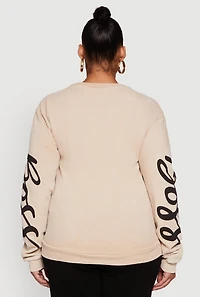 Womens Plus Size Glitter Boss Graphic Pullover Sweatshirt, Beige, Size 1X