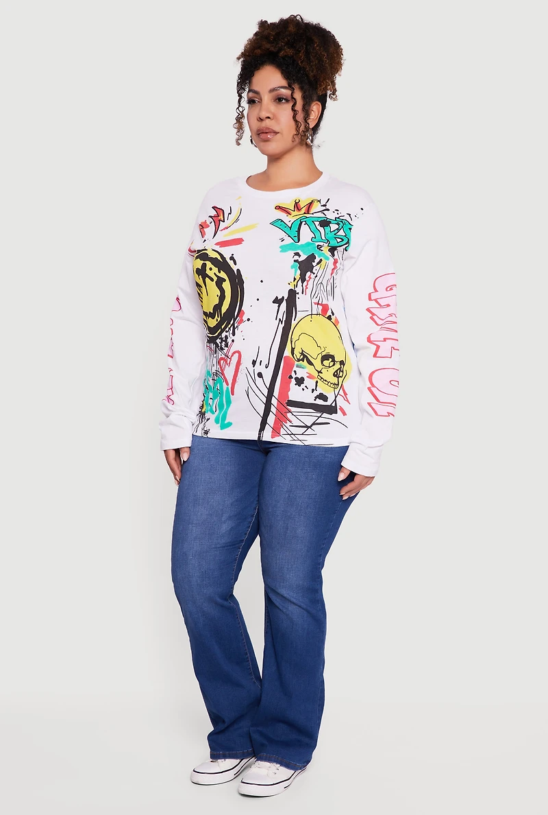 Plus Graffiti Print Long Sleeve Crew Neck Tee