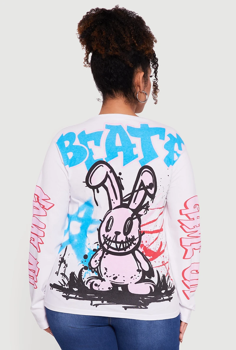 Plus Graffiti Print Long Sleeve Crew Neck Tee
