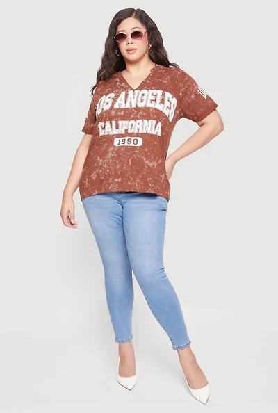 Plus Acid Wash Los Angeles Graphic Notched Neck Tee