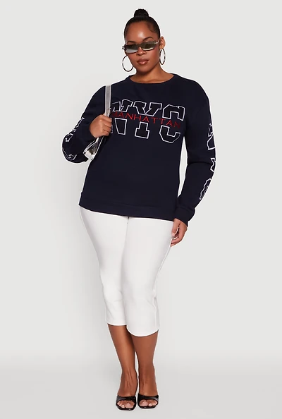 Womens Plus Size NYC Manhattan Embroidered Graphic Sweatshirt, Blue, Size 2X