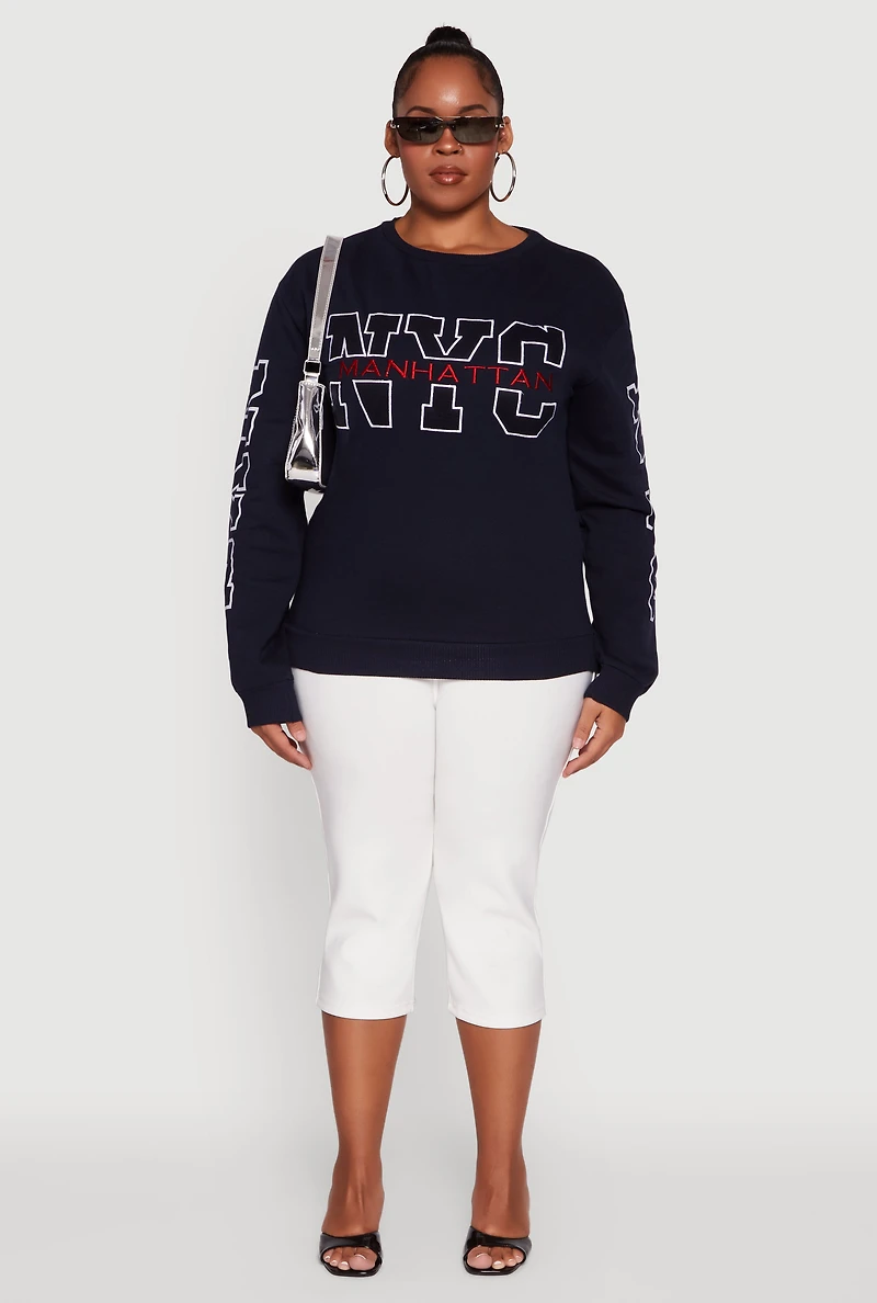 Womens Plus Size NYC Manhattan Embroidered Graphic Sweatshirt, Blue, Size 2X