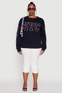 Womens Plus Size NYC Manhattan Embroidered Graphic Sweatshirt, Blue, Size 2X