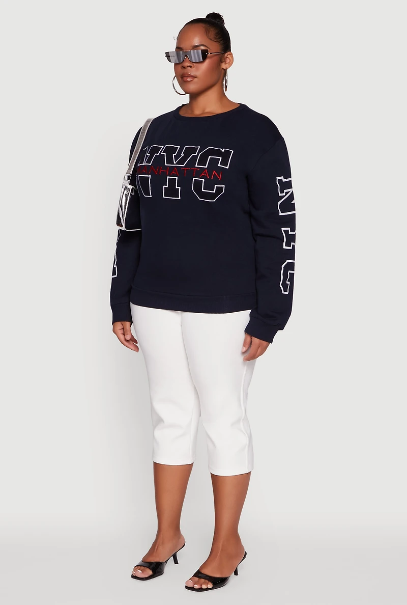 Womens Plus Size NYC Manhattan Embroidered Graphic Sweatshirt, Blue, Size 2X