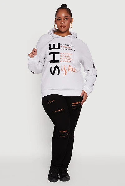 Womens Plus Size She Is Me Graphic Pullover Hoodie, Grey, Size 3X