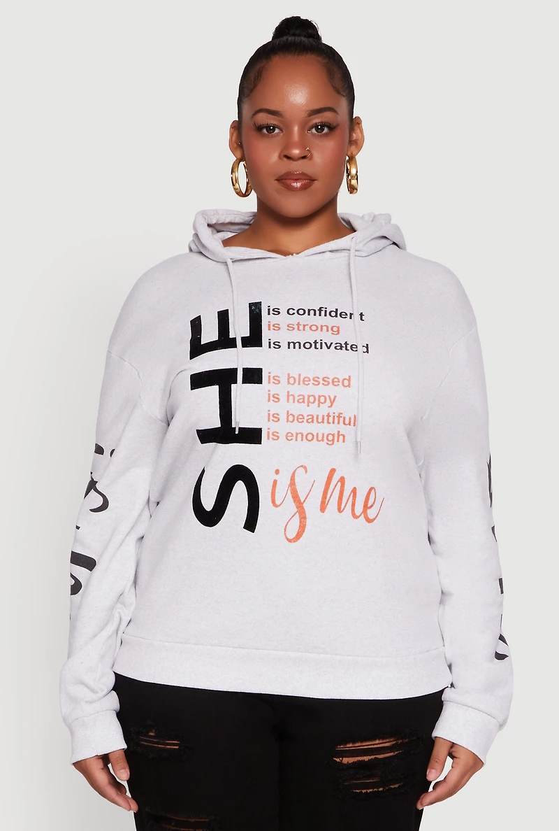 Womens Plus Size She Is Me Graphic Pullover Hoodie, Grey, Size 3X
