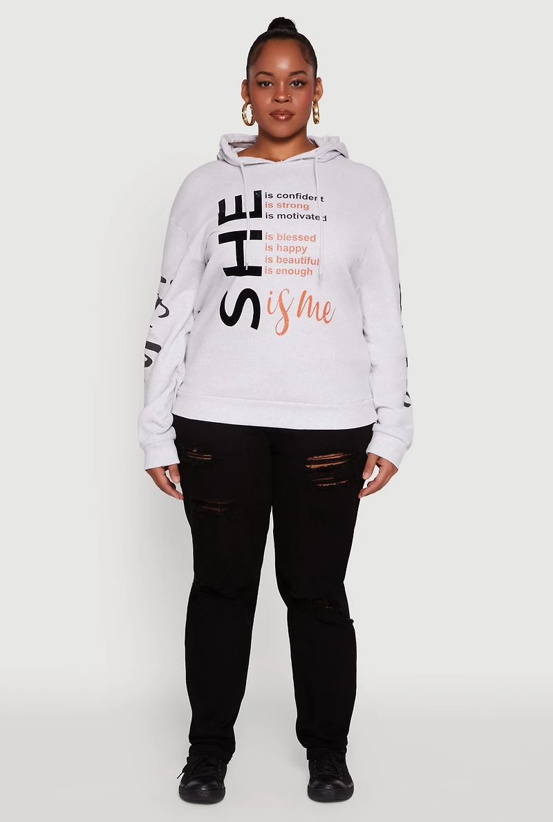 Womens Plus Size She Is Me Graphic Pullover Hoodie, Grey, Size 3X