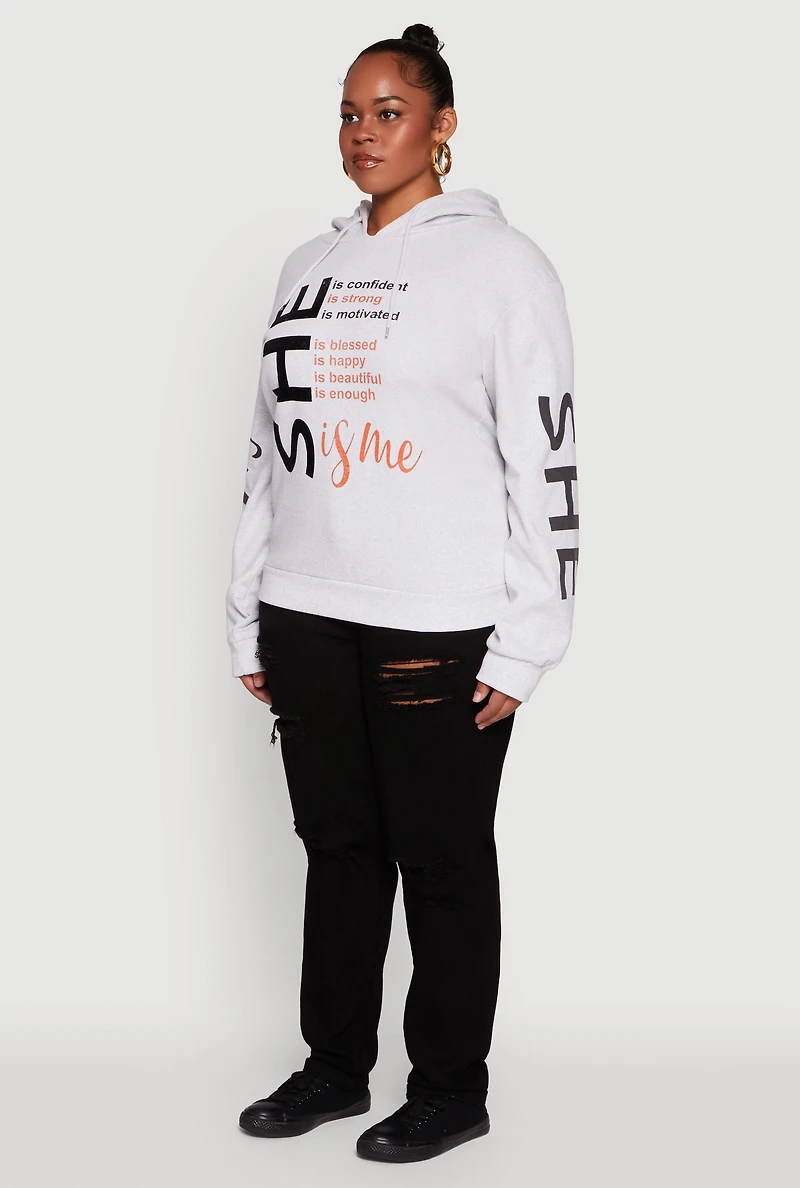 Womens Plus Size She Is Me Graphic Pullover Hoodie, Grey, Size 3X