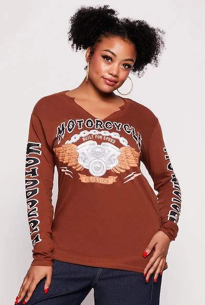 Plus Motorcycle Graphic Long Sleeve Top
