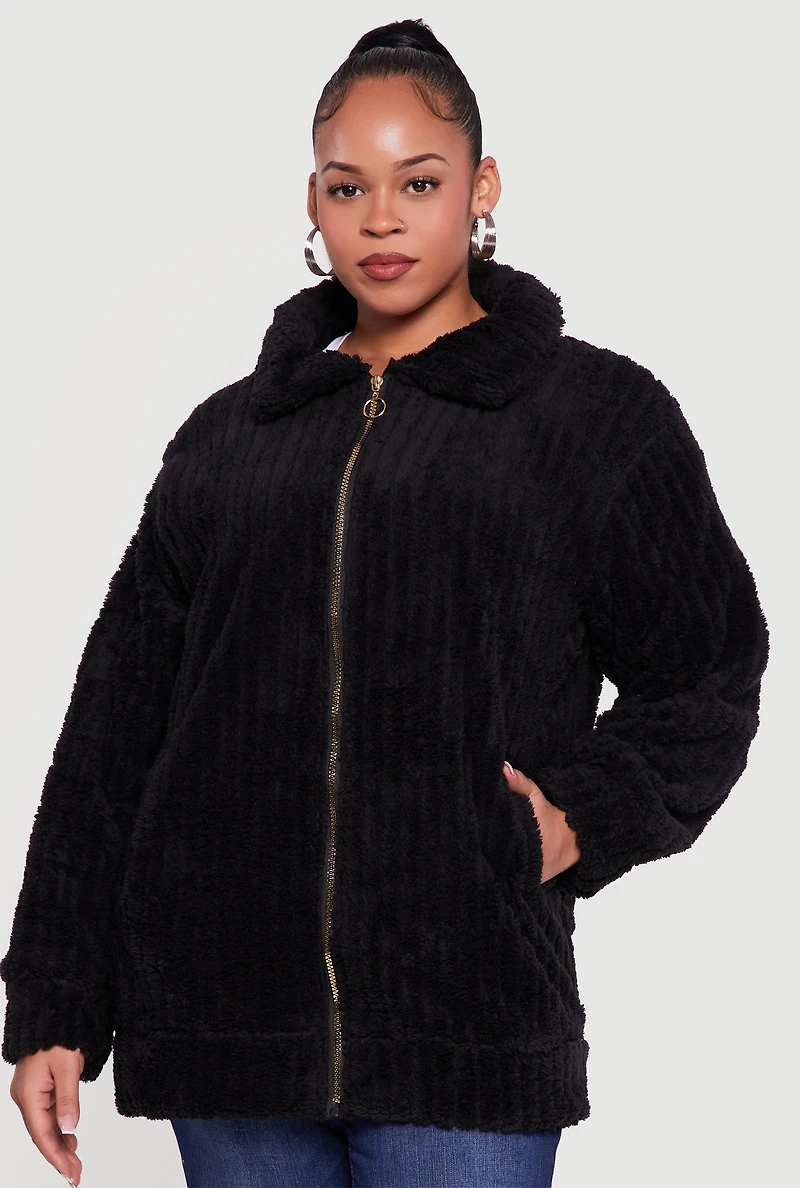 Womens Plus Ribbed Sherpa Zip Front Jacket,
