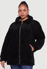 Womens Plus Ribbed Sherpa Zip Front Jacket,