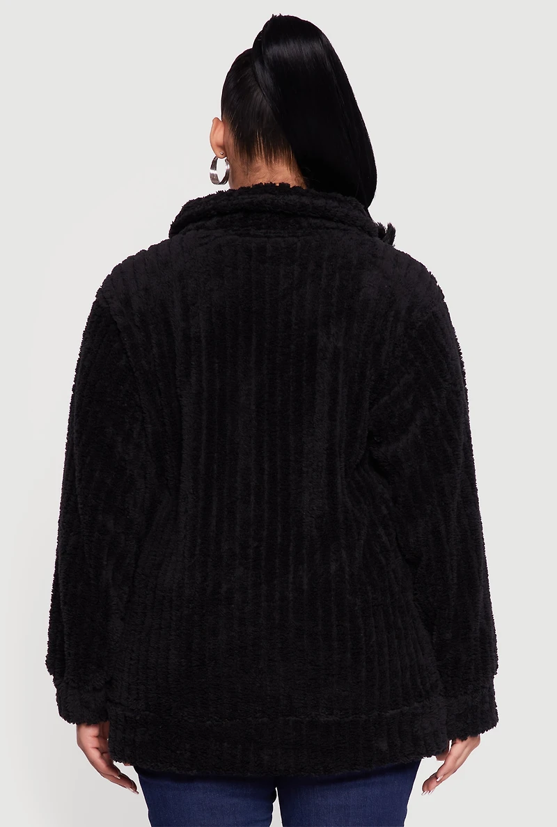 Womens Plus Ribbed Sherpa Zip Front Jacket,